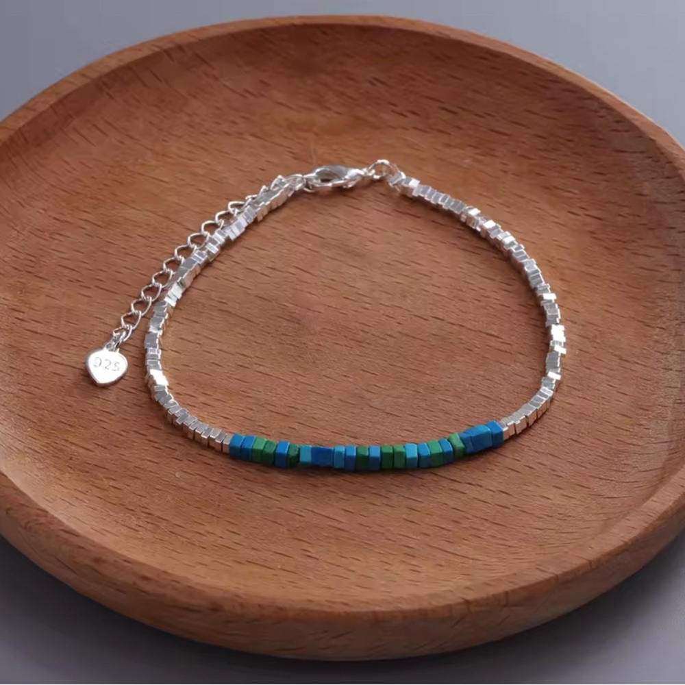 925 Sterling Silver Beaded bracelet, Blue Green Minimalist Bracelet. - Picture 6 of 7